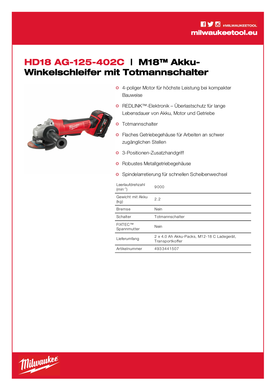 Milwaukee HD18 AG-125-402C User Manual