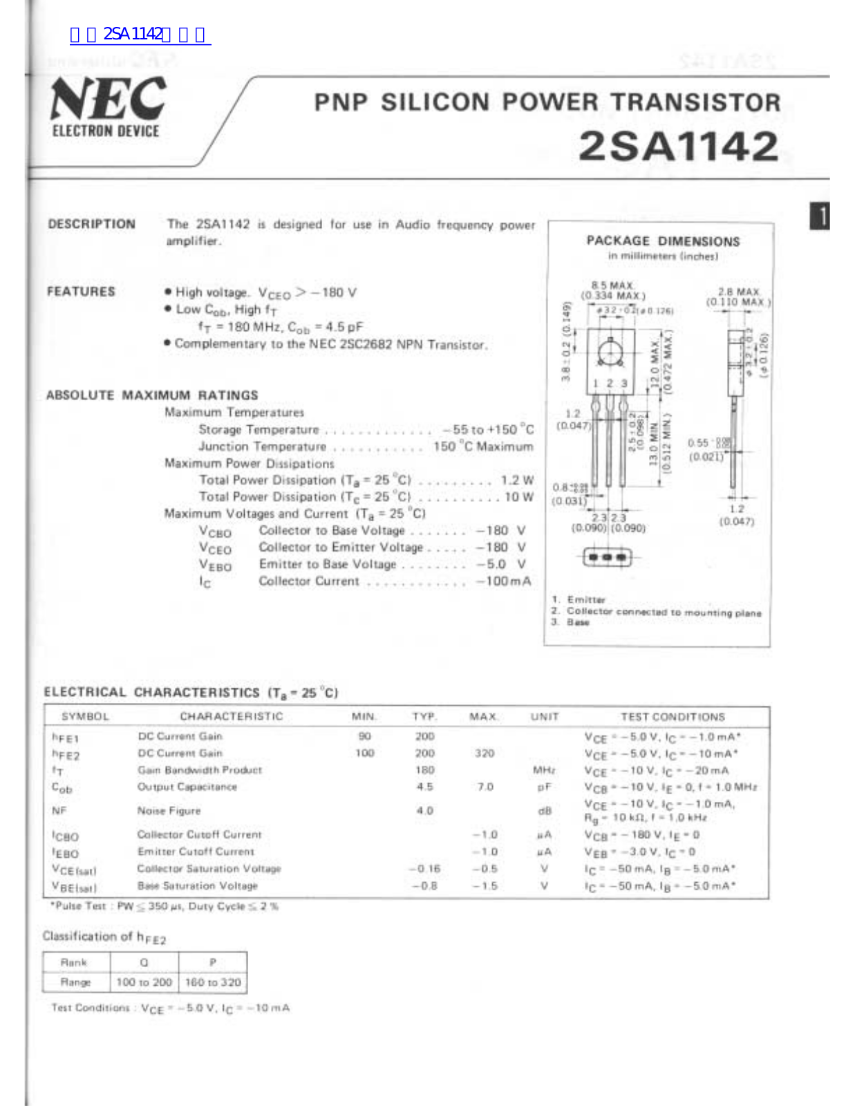 NEC 2SA1142 Technical data