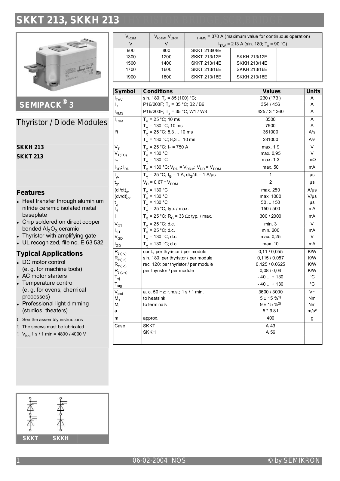 Semikron SKKT 213, SKKH 213 Data Sheet