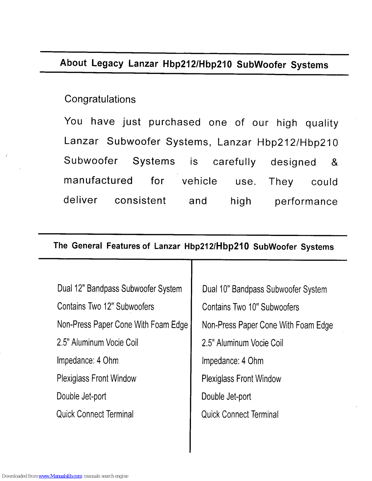 Lanzar HBP210 Specifications - ManualMachine.com