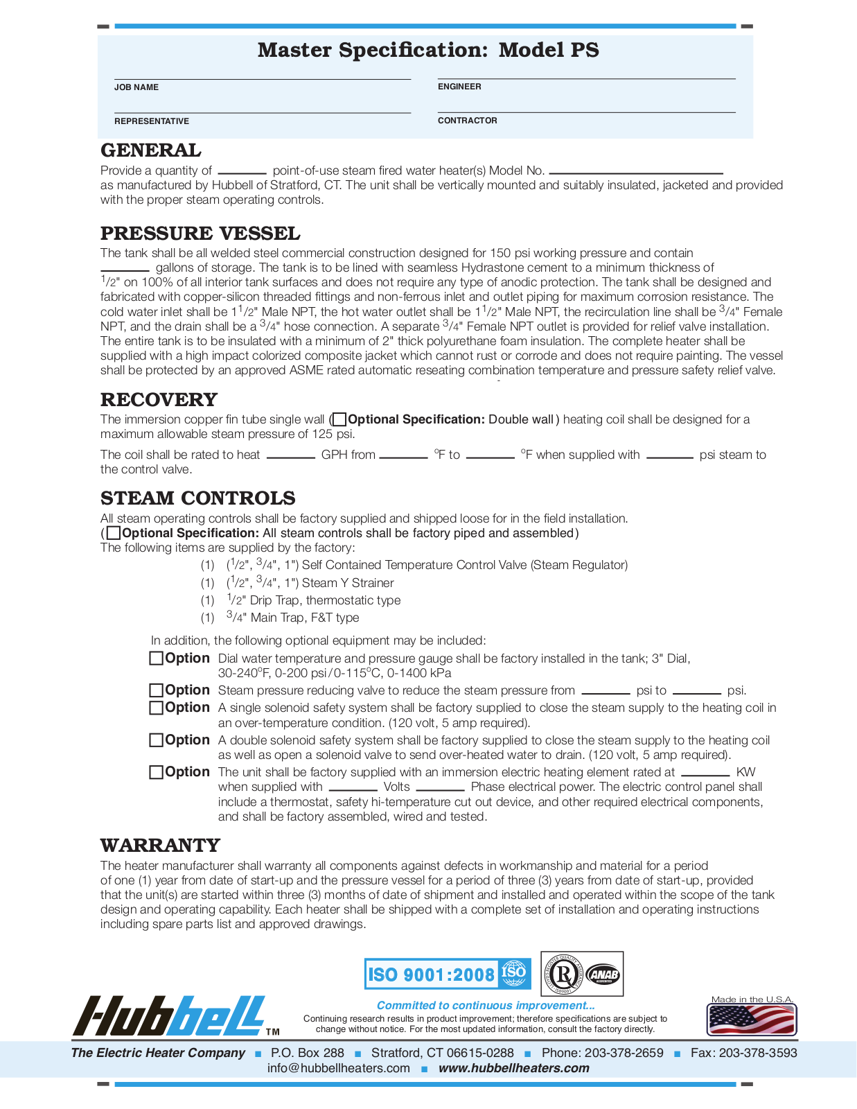 Hubbell Electric Heater PS100 User Manual