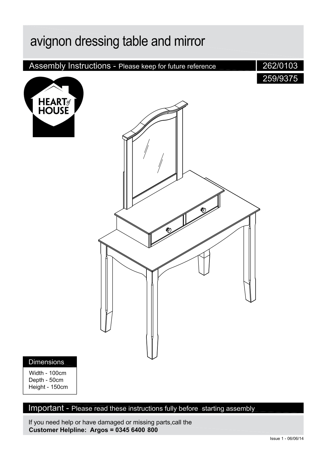 Argos Avignon dressing table and mirror ASSEMBLY INSTRUCTIONS