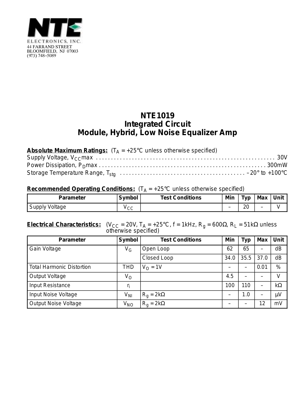 Datasheet NTE1019 Datasheet (NTE) - ManualMachine.com