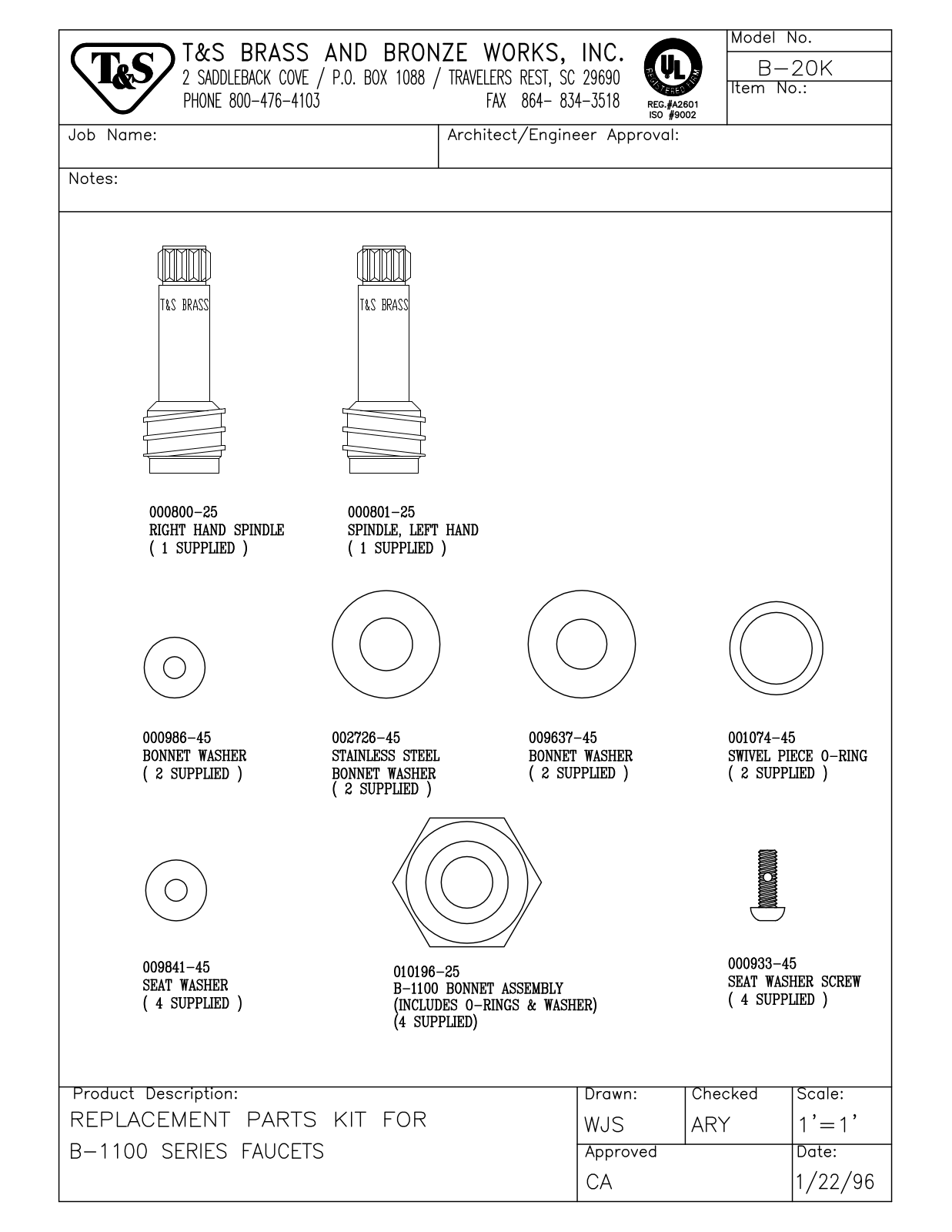 T & S Brass & Bronze Works B-20K Part Manual