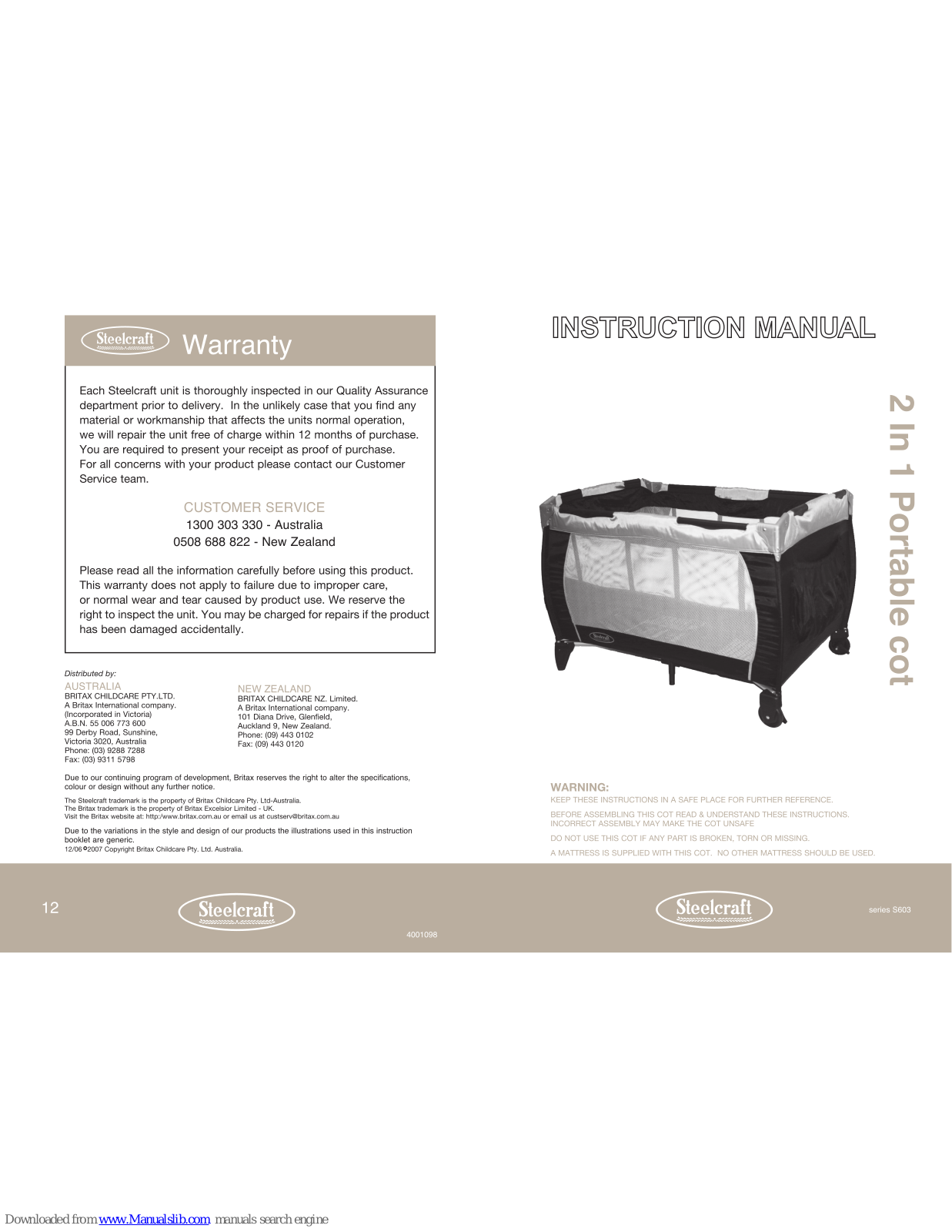 Steelcraft 2 IN 1 PORTABLE COT, S603 Series User Manual