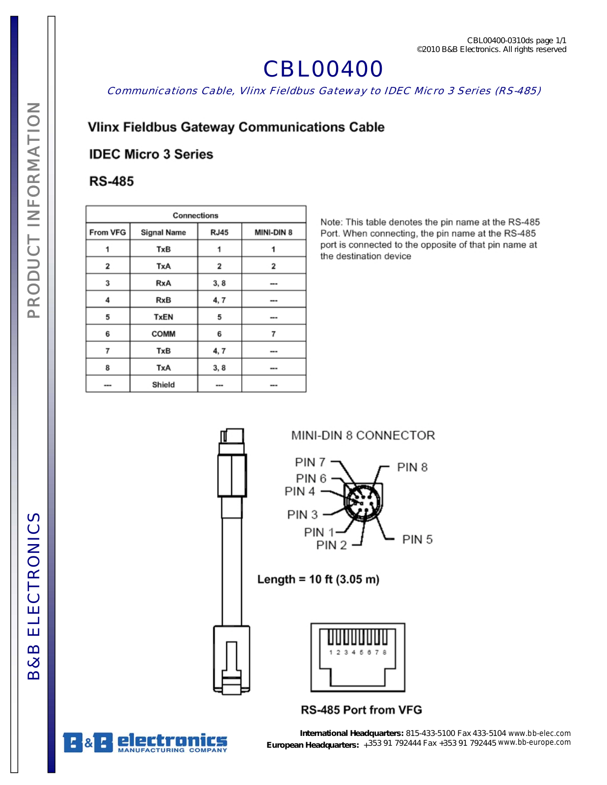 B&B Electronics CBL00400 Datasheet