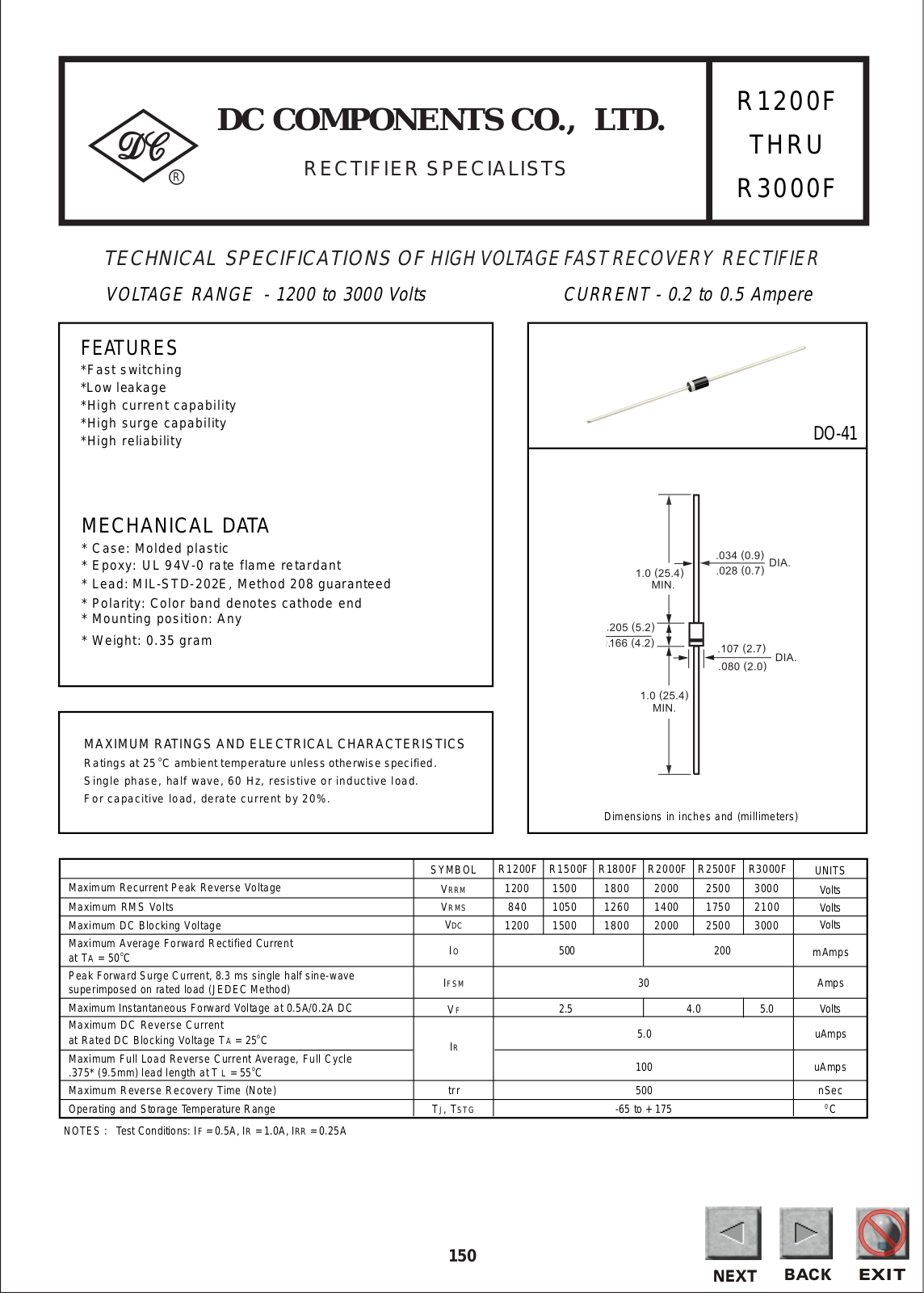 DC COMPONENTS R1200F, R1500F, R2000F, R1800F, R2500F Datasheet