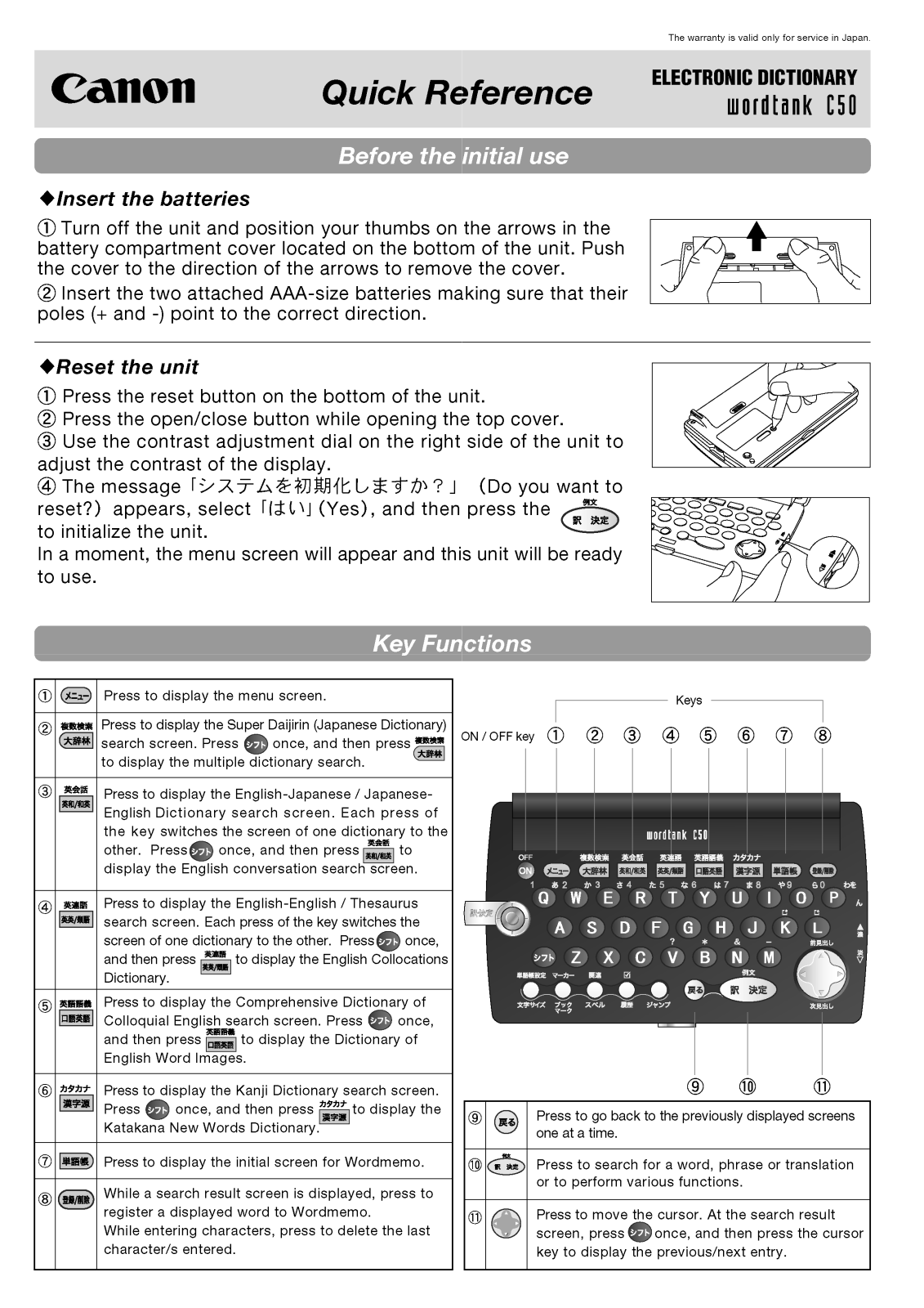 Canon Wordtank C50 Quick Reference Manual