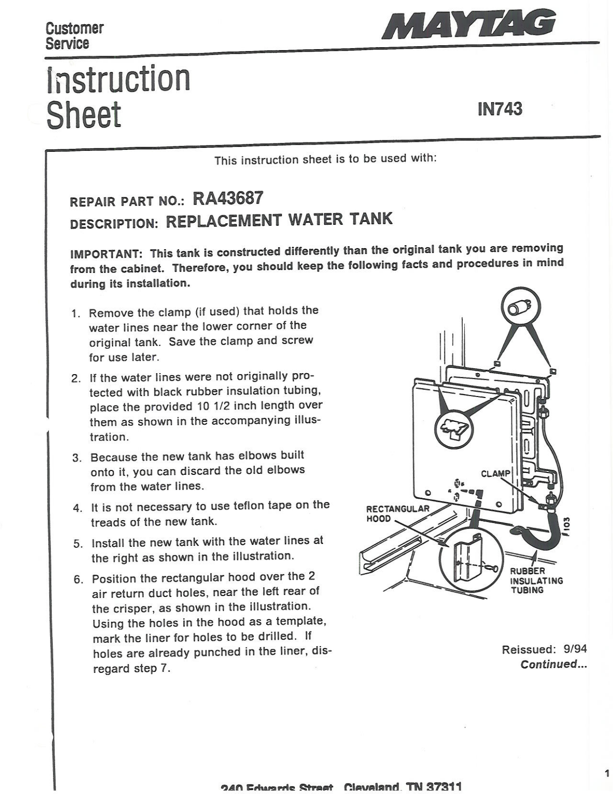 Maytag RA43687 Instruction Sheet