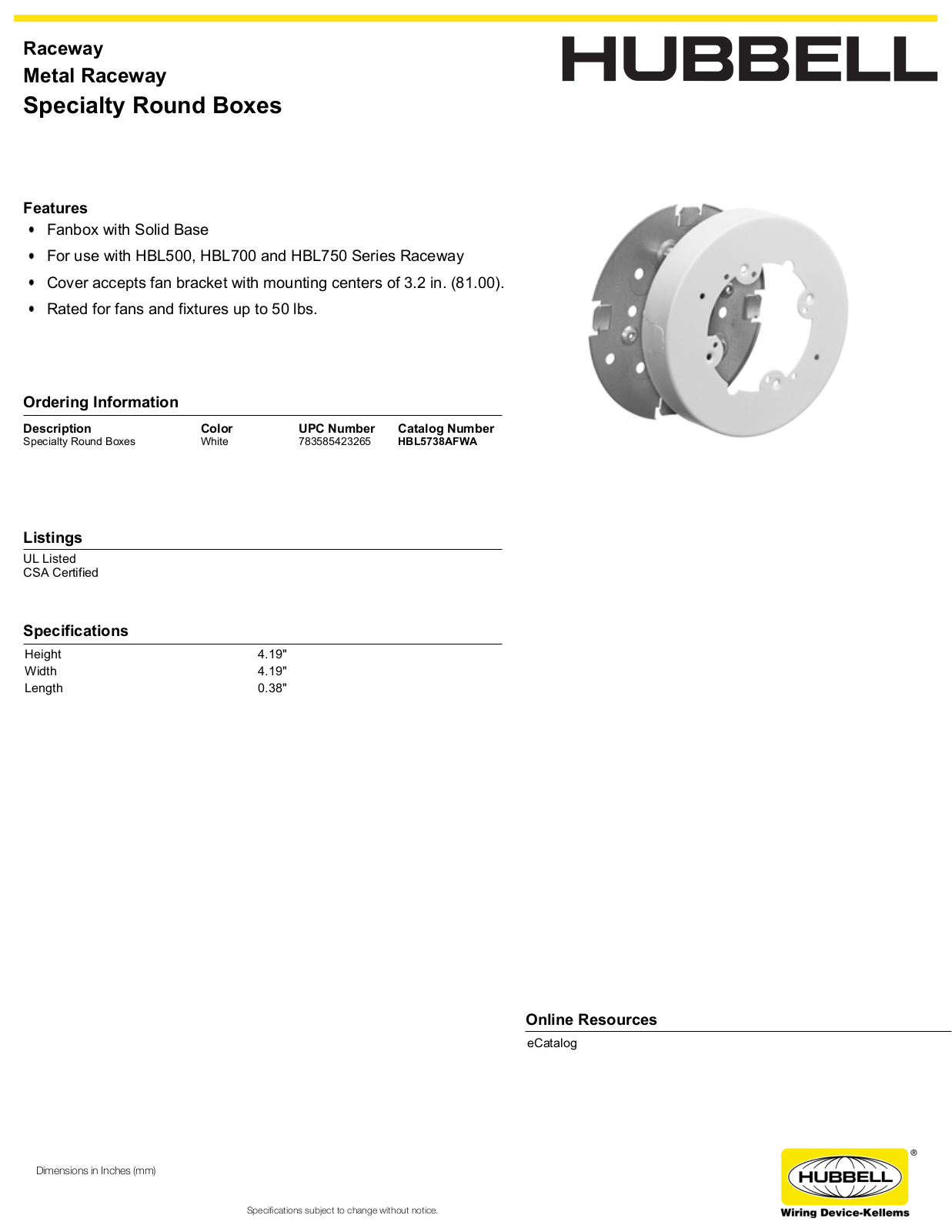 Hubbell HBL5738AFWA Specifications