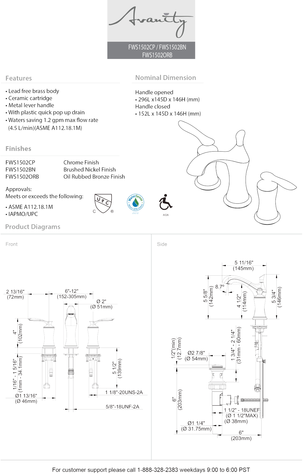 Avanity FWS1502ORB Specifications