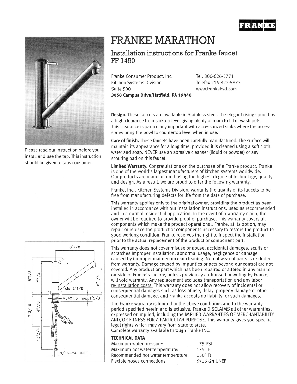 Franke Foodservice FF 1450 Installation  Manual