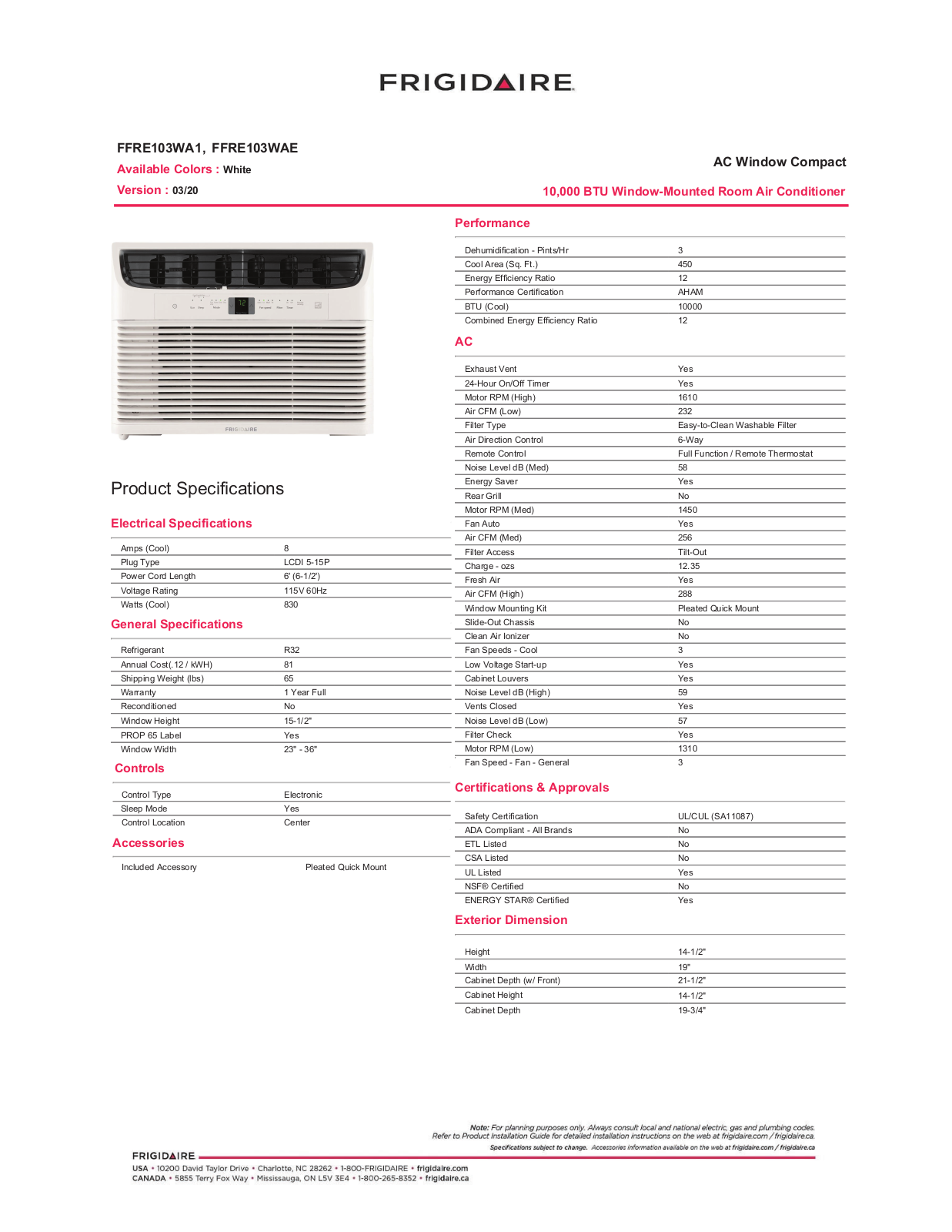 Frigidaire FFRE103WAE Specification Sheet