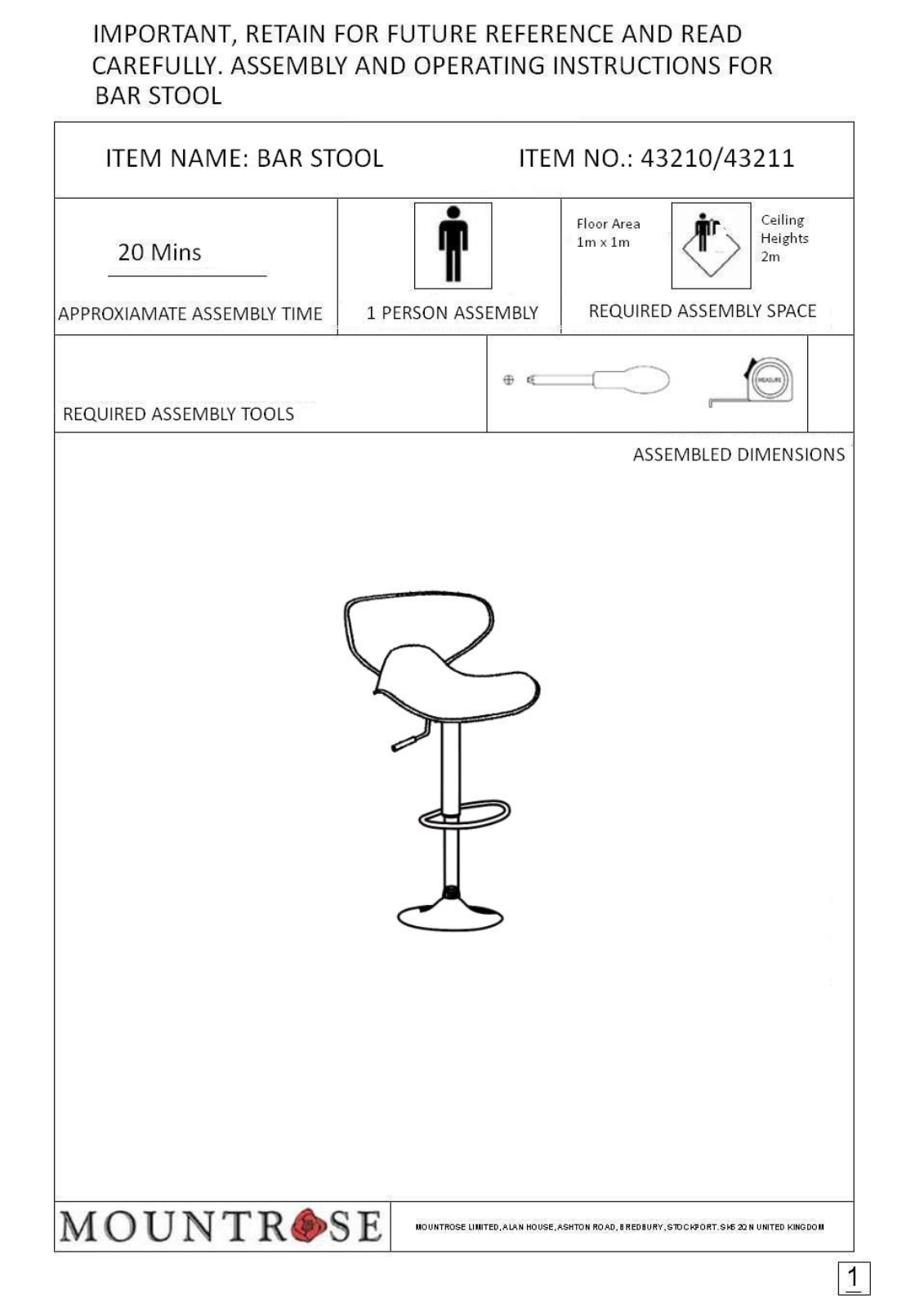 Mountrose 43210, 43211 Instruction manual