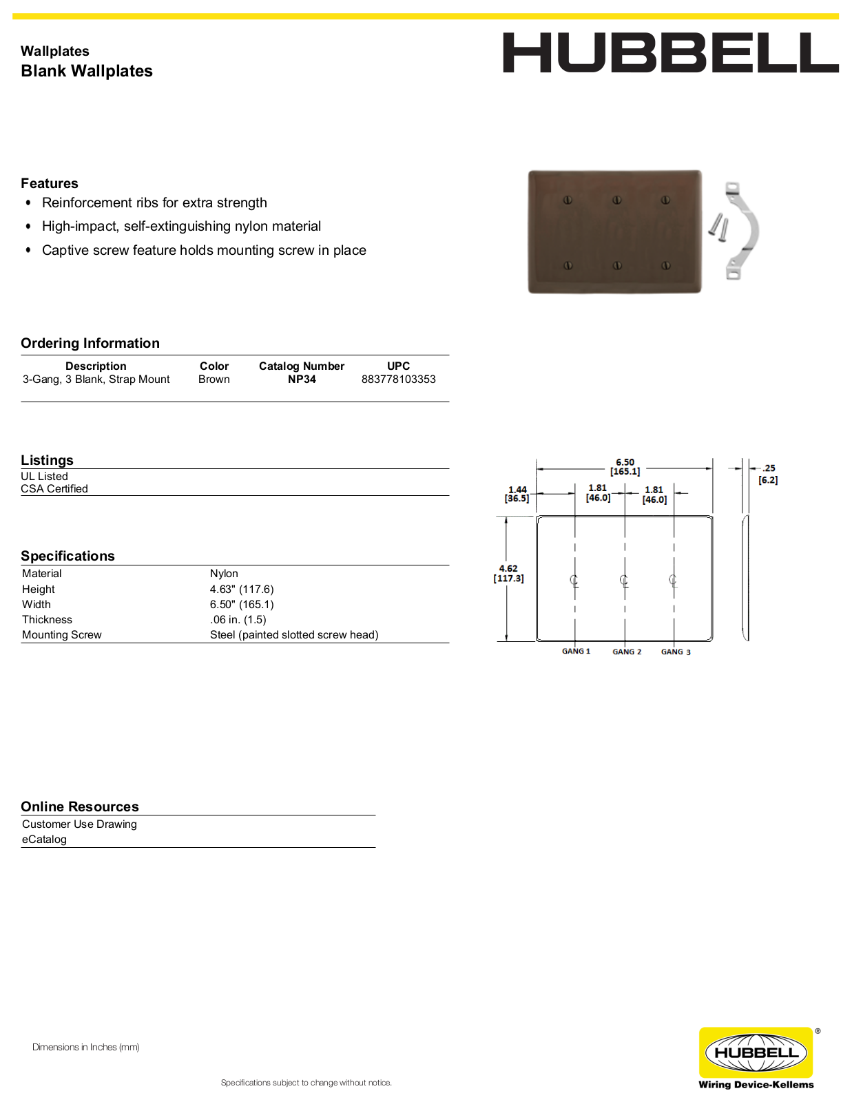 Hubbell NP34 Specifications