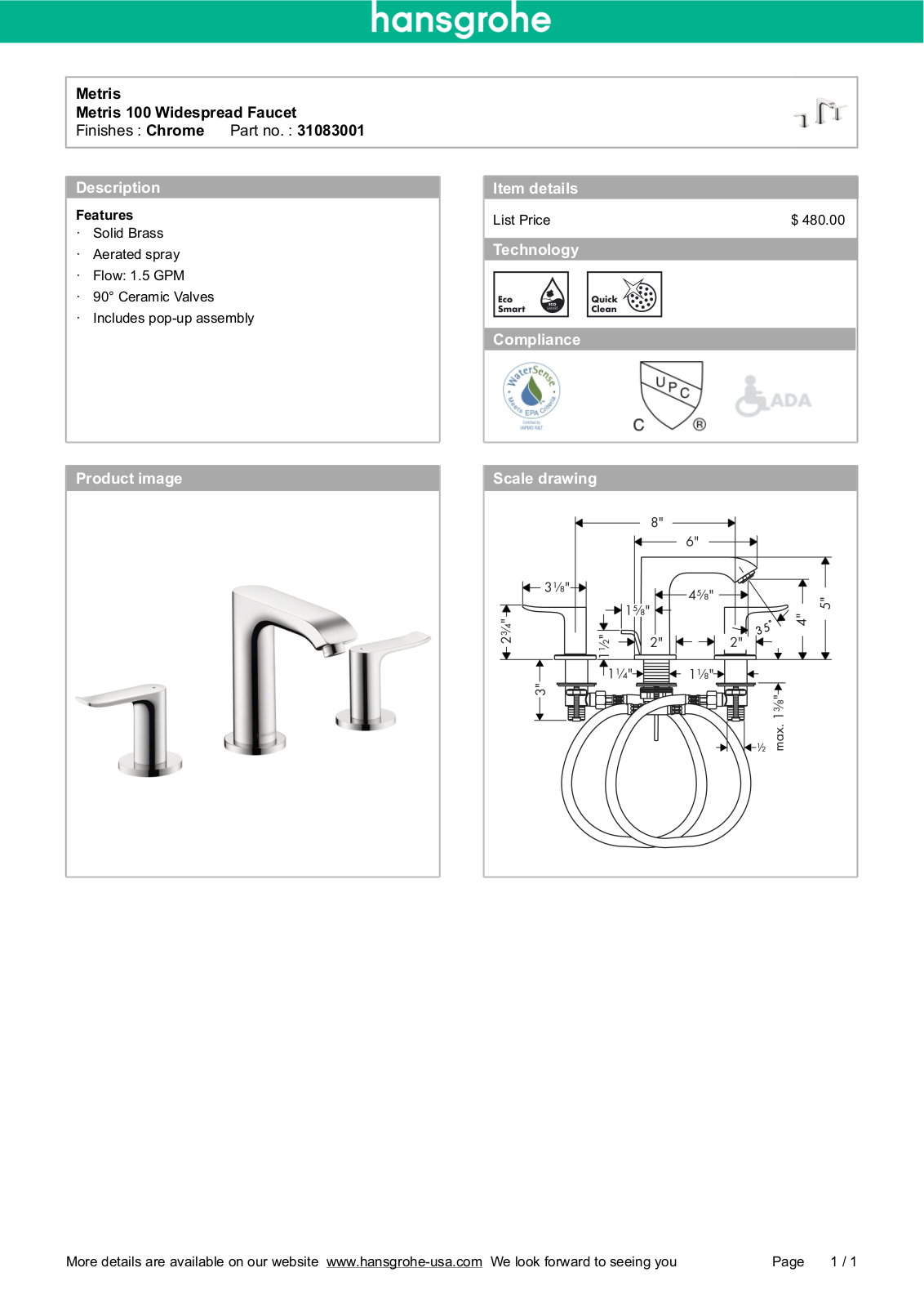 Hansgrohe 31083001 Specs