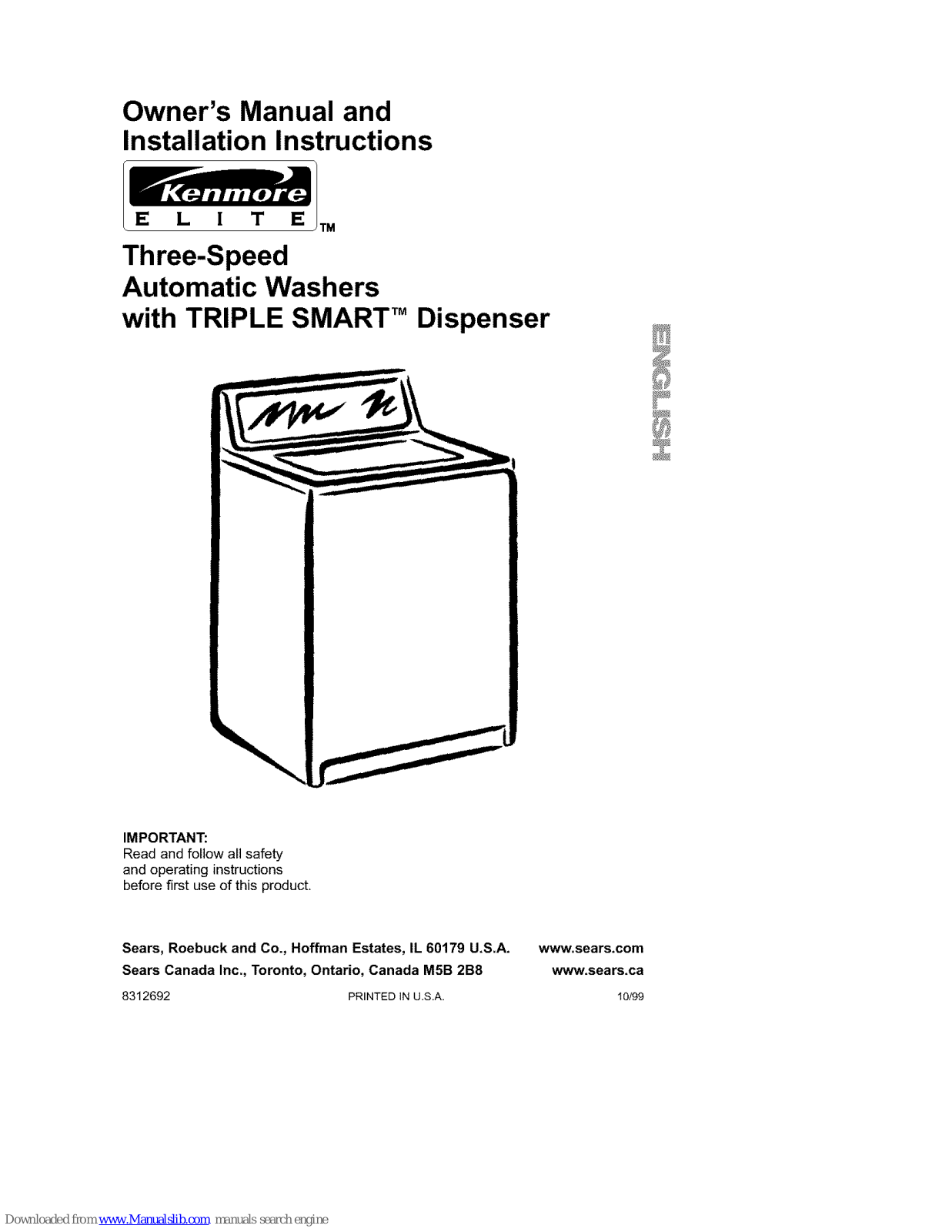 Kenmore Three-Speed Automatic Washers, Elite Three-Speed Automatic Washers Owner's Manual & Installation Instructions - ManualMachine.com