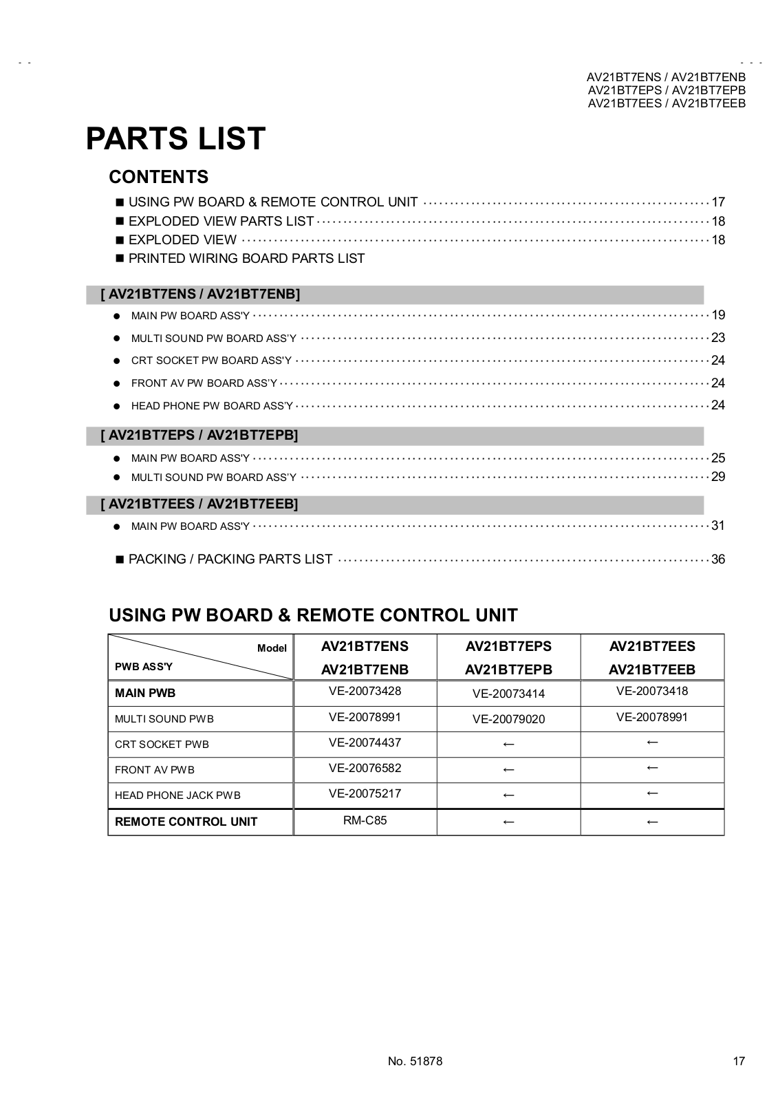 JVC AV-21BT7EEB, AV-21BT7EES, AV-21BT7ENB, AV-21BT7ENS, AV-21BT7EPB Parts List