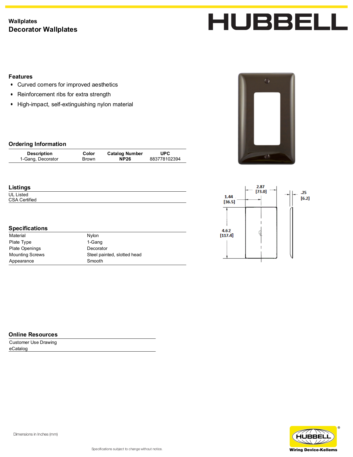 Hubbell NP26 Specifications