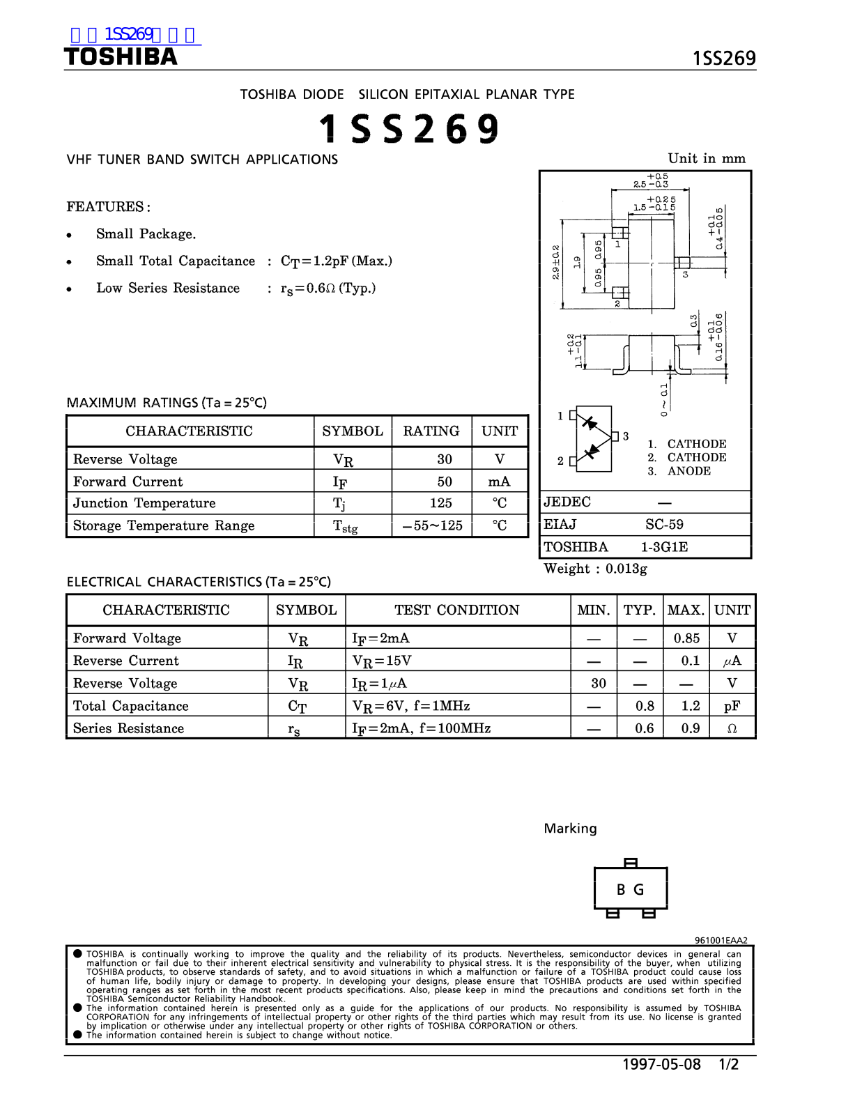 TOSHIBA 1SS269 Technical data