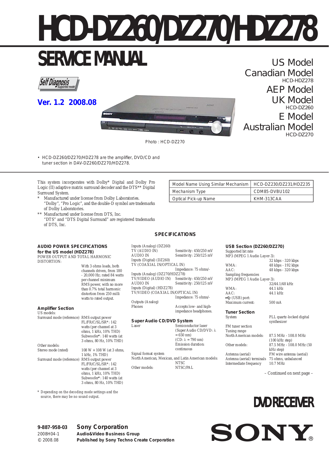 Sony HCDDZ-260, HCDDZ-270, HCDDZ-278 Service manual