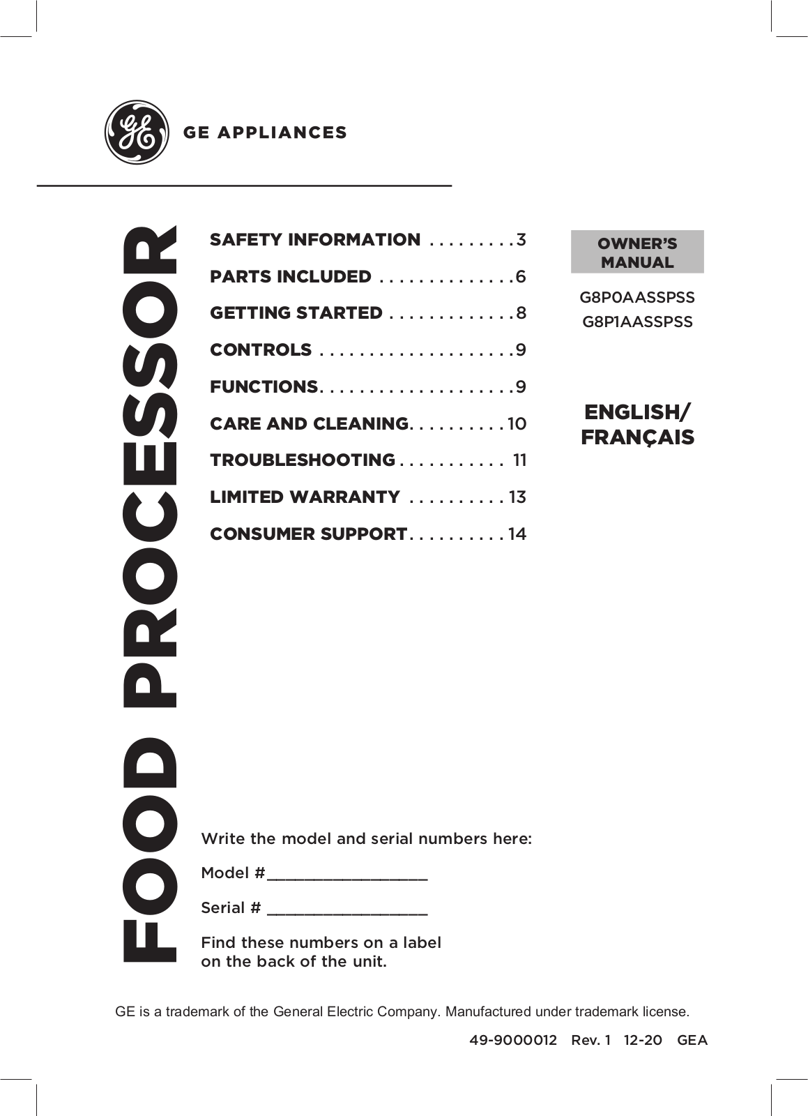 GE G8P0AASSPSS, G8P1AASSPSS Owner's Manual