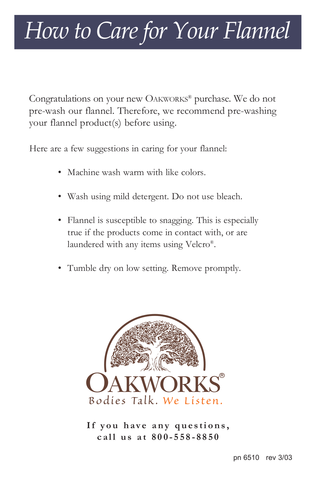 Oakworks Flannel Care User Manual