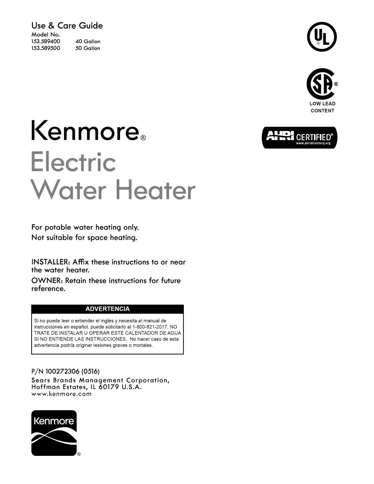 Kenmore 153589500, 153589400 Owner’s Manual