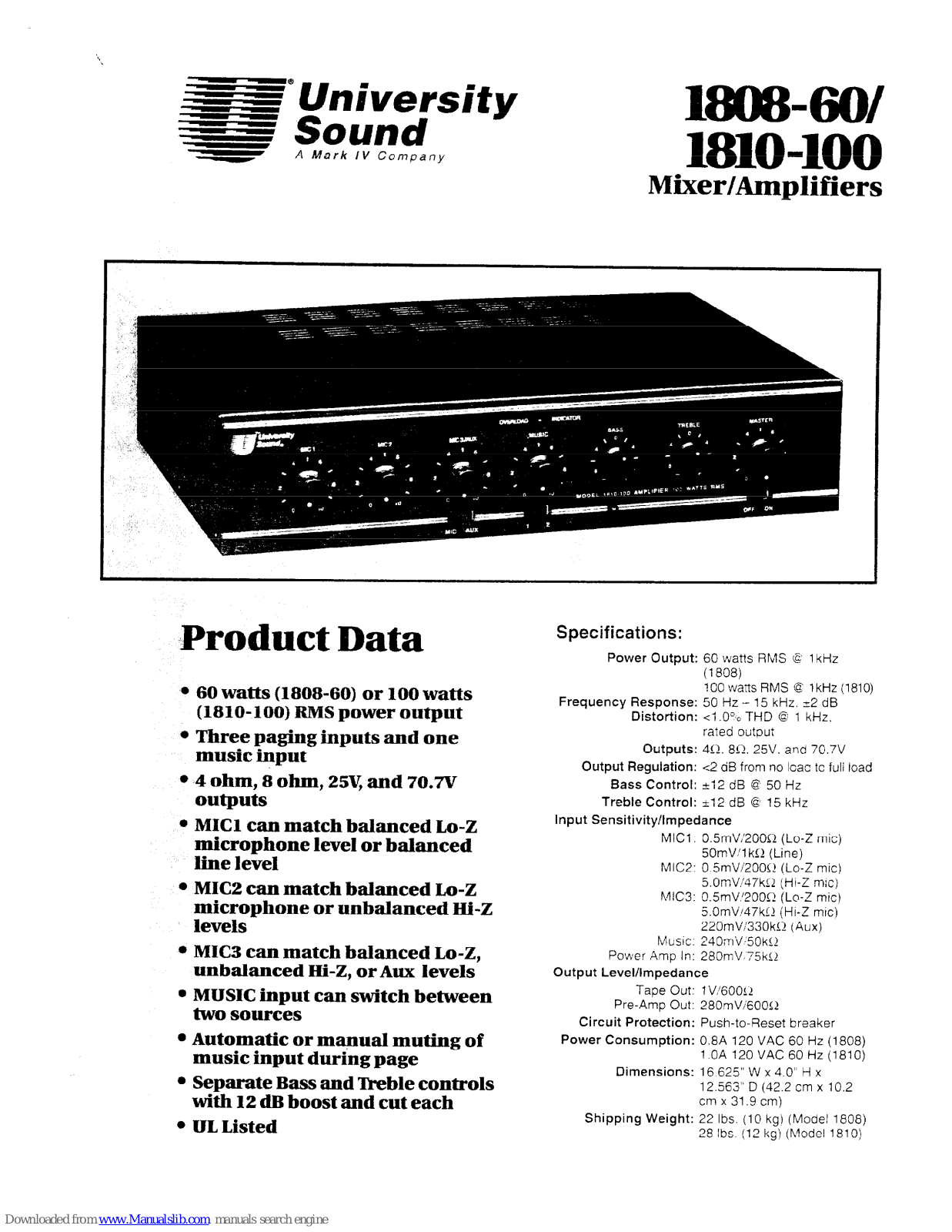 University Sound 1808-60, 1810-100 Specifications