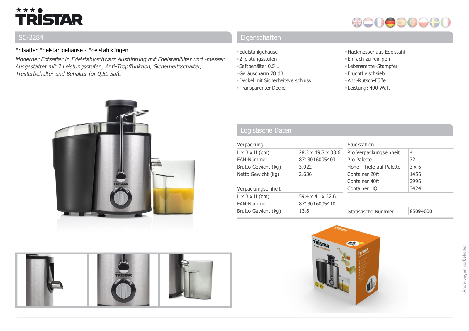 Tristar SC-2284 Technical data