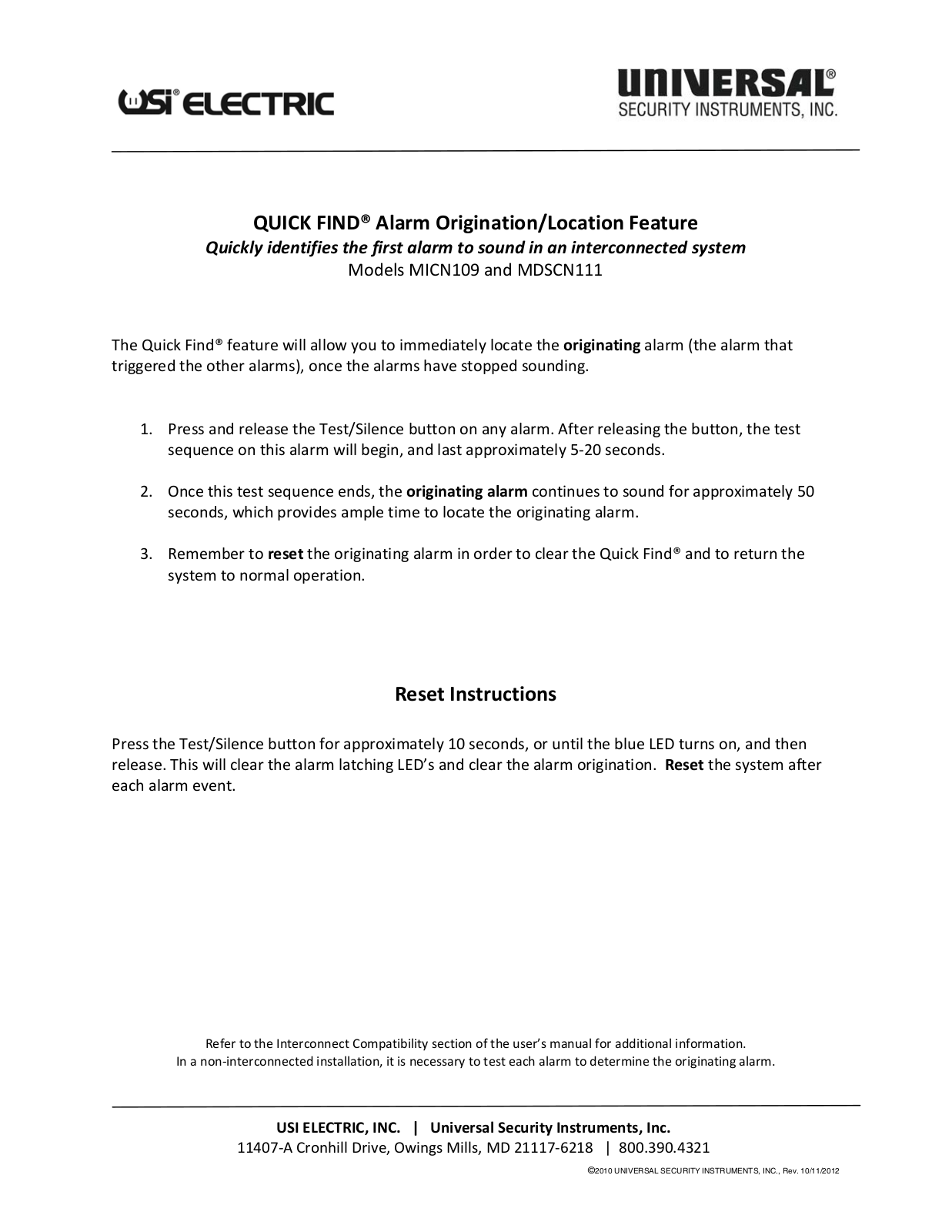 Universal Security Instruments MICN109, MDSCN111 Instruction Sheet