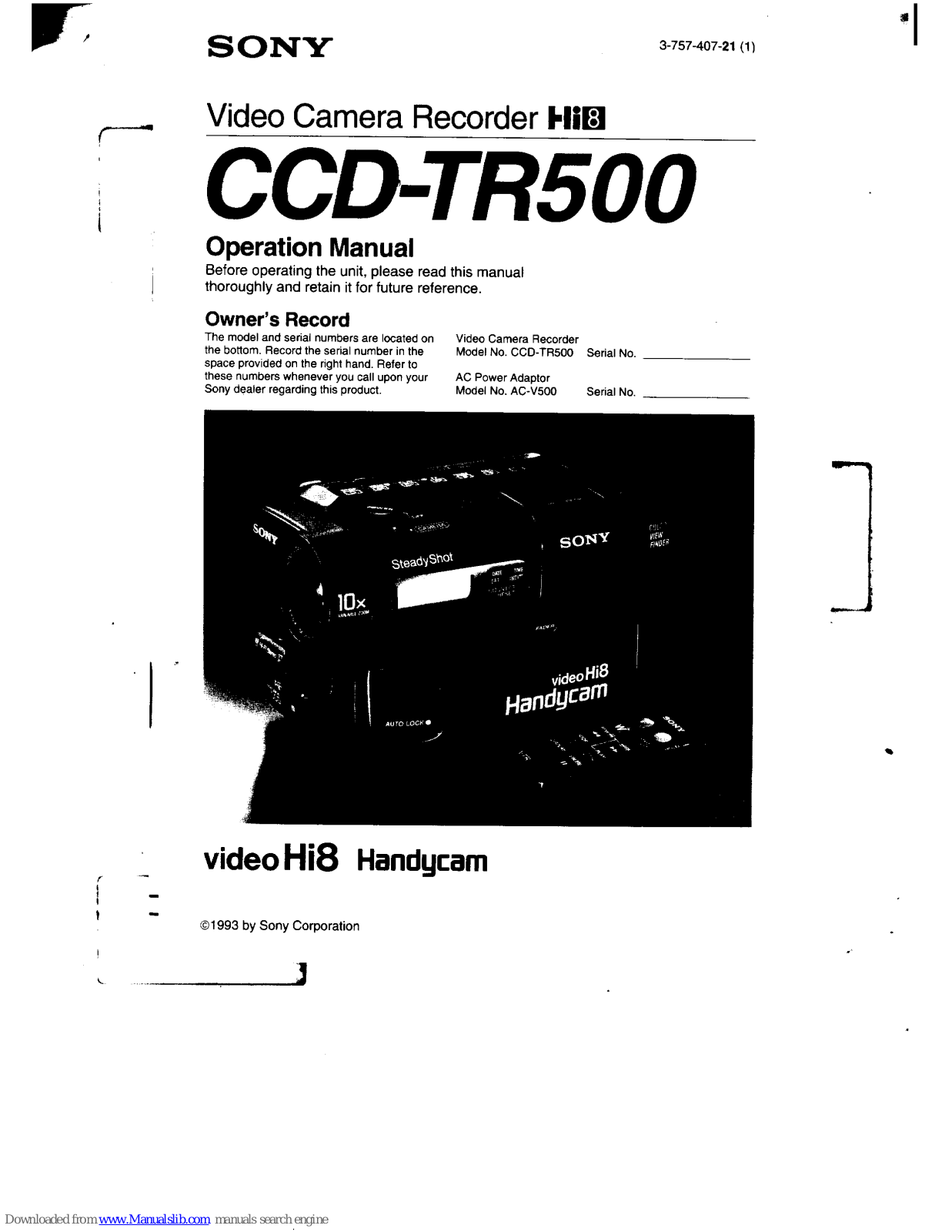 Sony video Hi8 Handycam CCD-TR500 Operation Manual