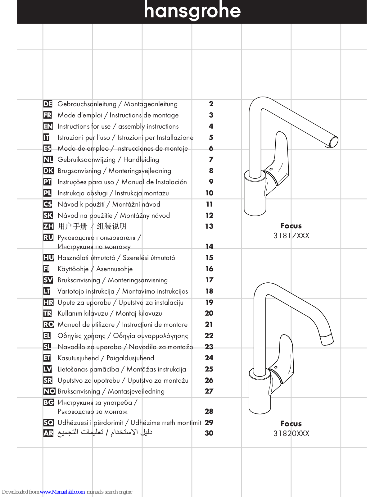 Hansgrohe 31817000, 31820000, 31817800, 31820800 Instructions For Use/assembly Instructions