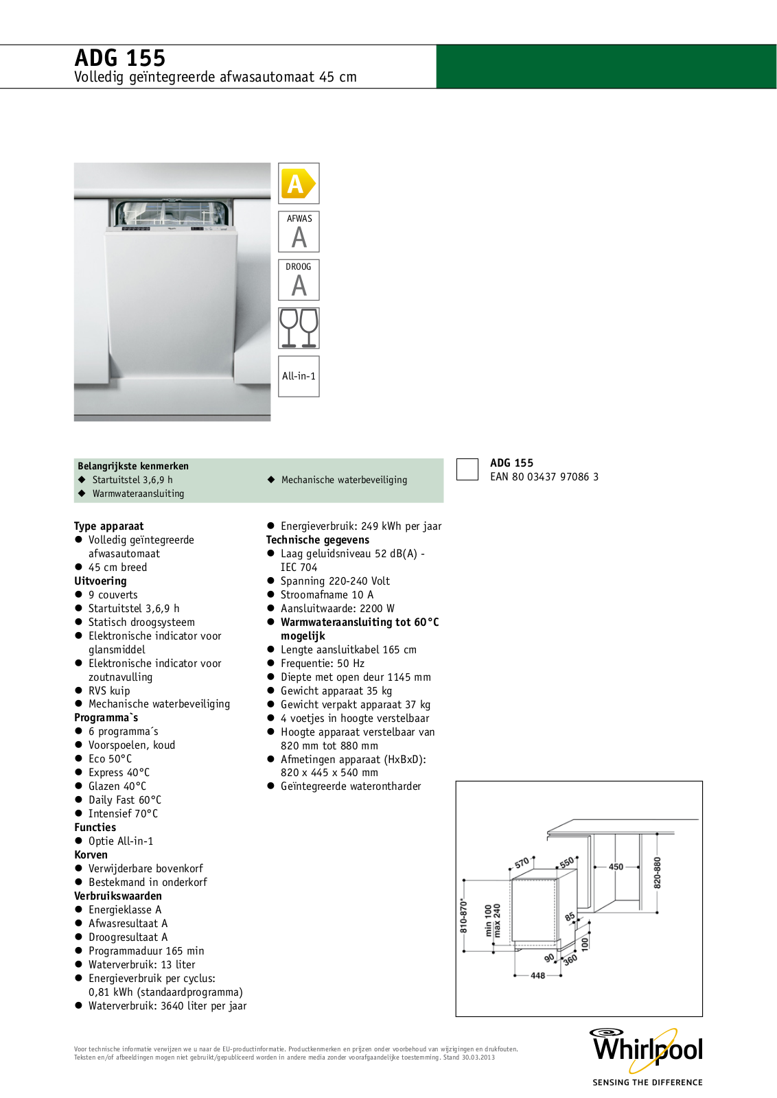 Whirlpool ADG 155 PRODUCT SHEET