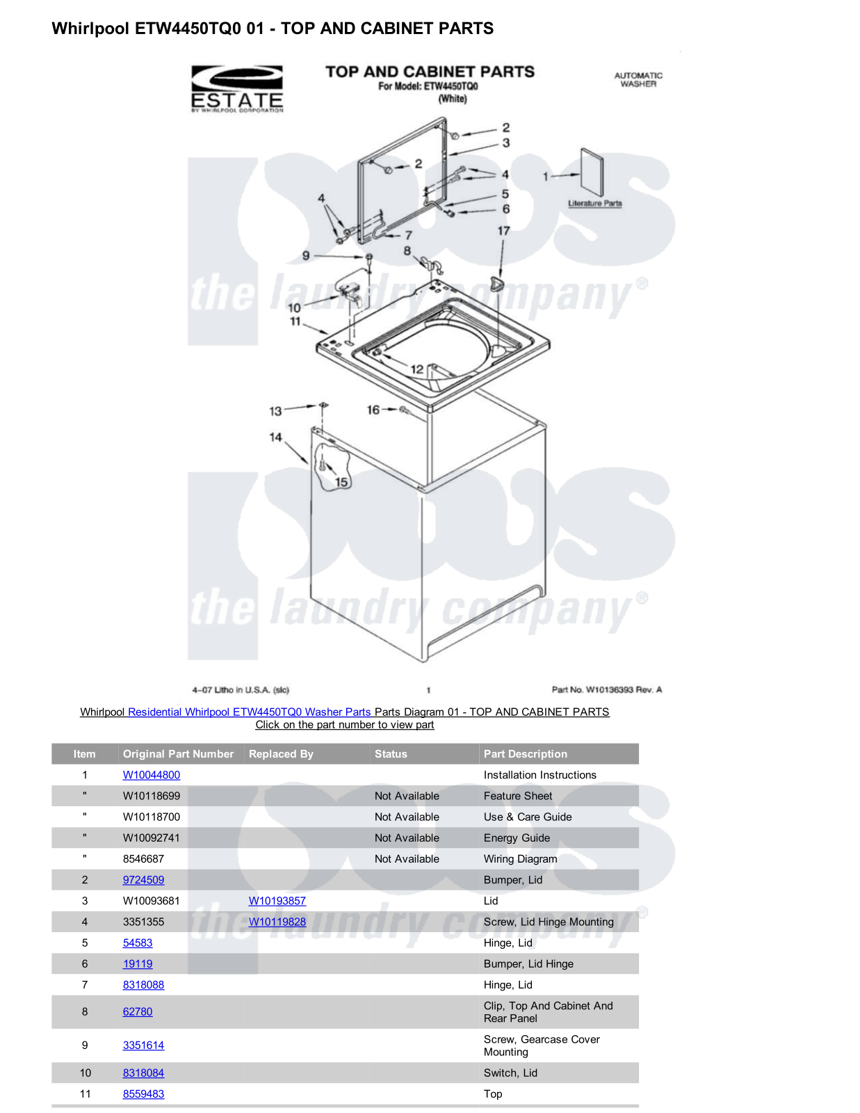 Whirlpool ETW4450TQ0 Parts Diagram