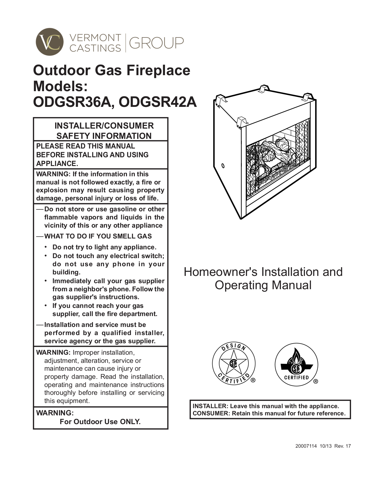 Vermont Castings ODGSR36A, ODGSR42A Homeowner's Installation And Operating Manual