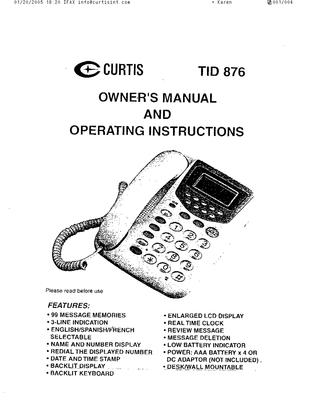 Curtis TID876 User Manual