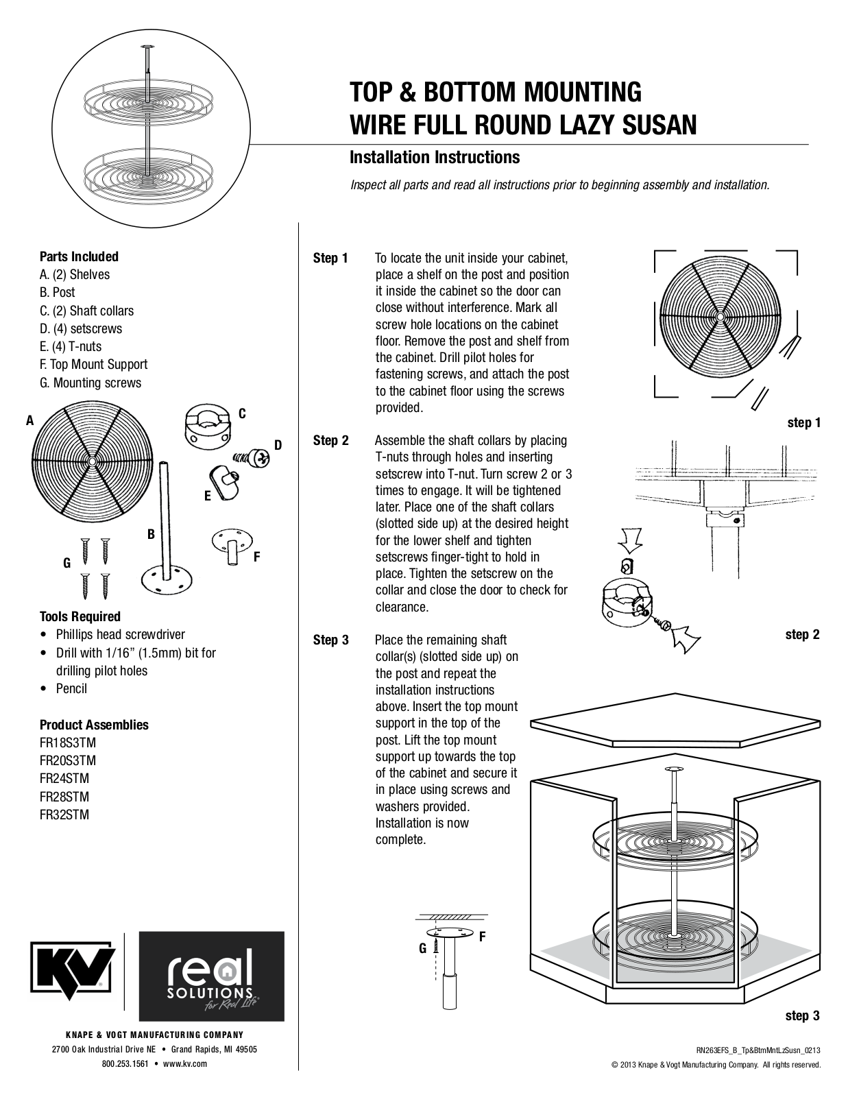 Knape & Vogt TOP & BOTTOM MOUNTING WIRE FULL ROUND LAZY SUSAN Installation Instructions Manual