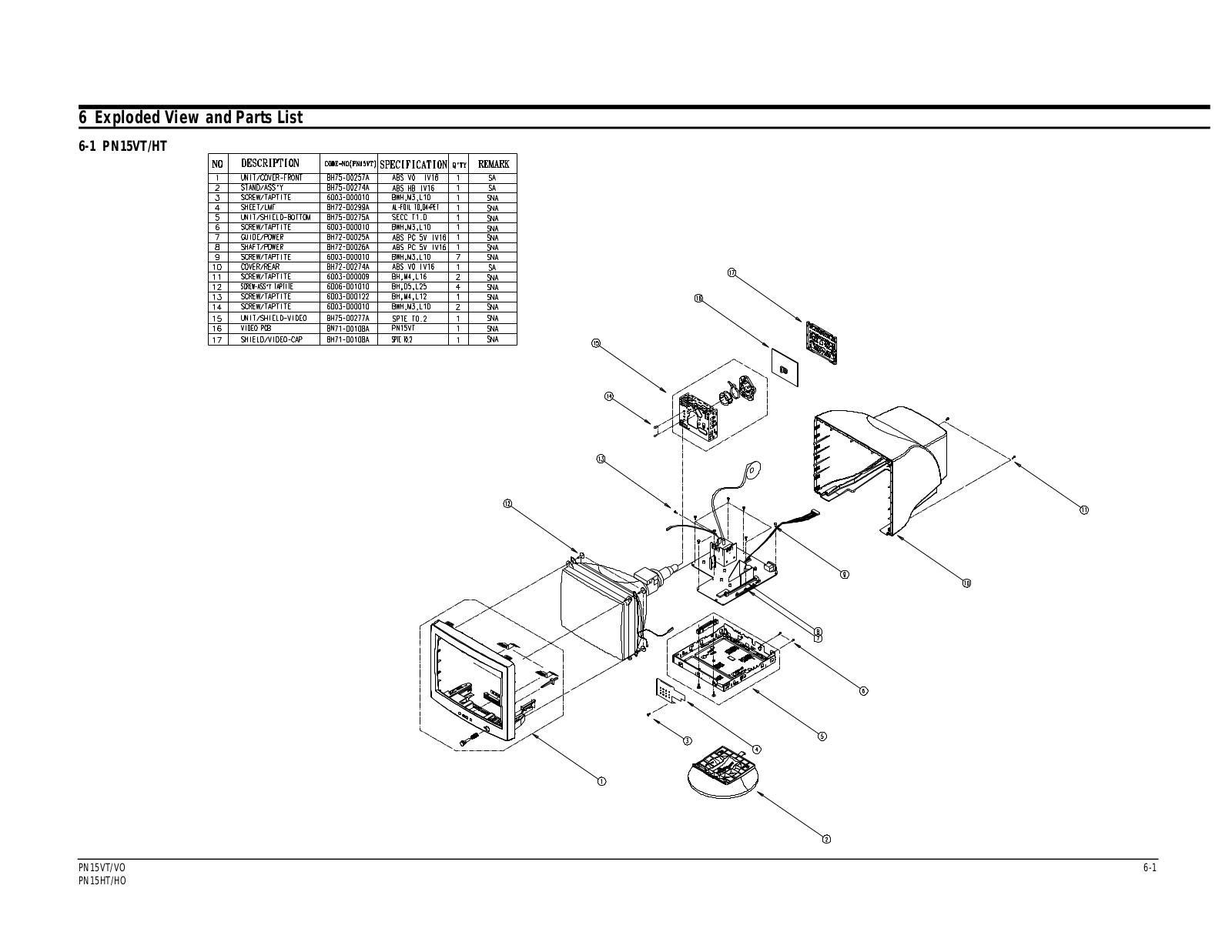 Samsung PN17HT, PN15HT7L, PN15VO-VT Expoioded View and Parts List