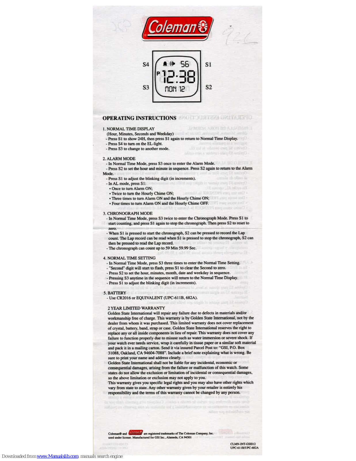 Coleman 40-926 Operating Instructions Manual