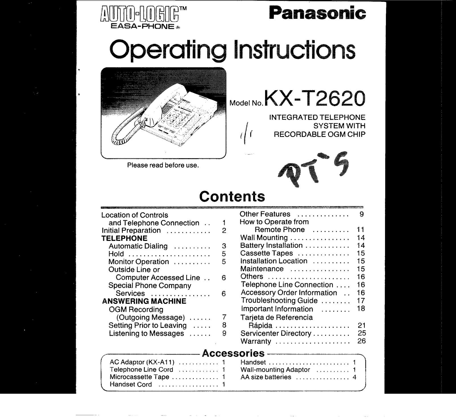 Panasonic kx-t2620 Operation Manual