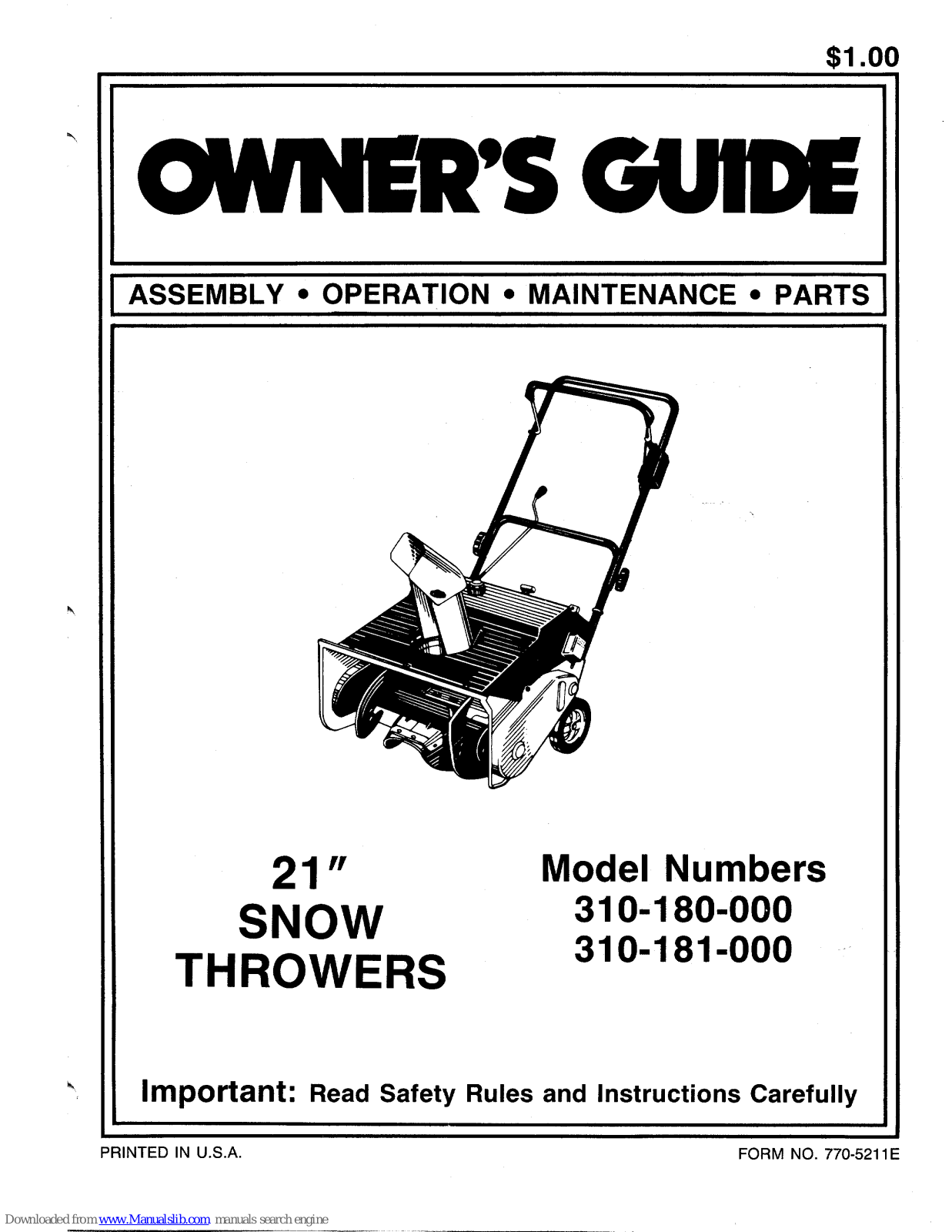 MTD 310-181-000, 180, 181 Owner's Manual