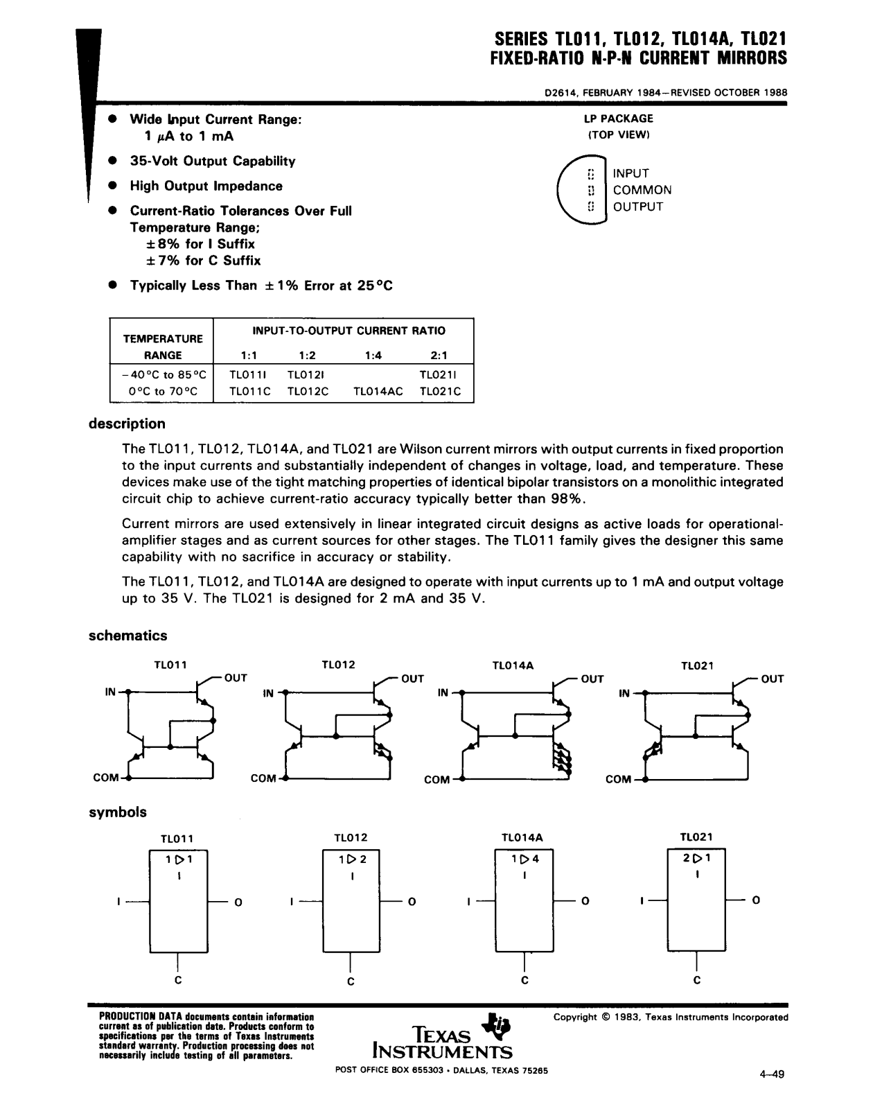 TEXAS INSTRUMENTS TL011 Technical data