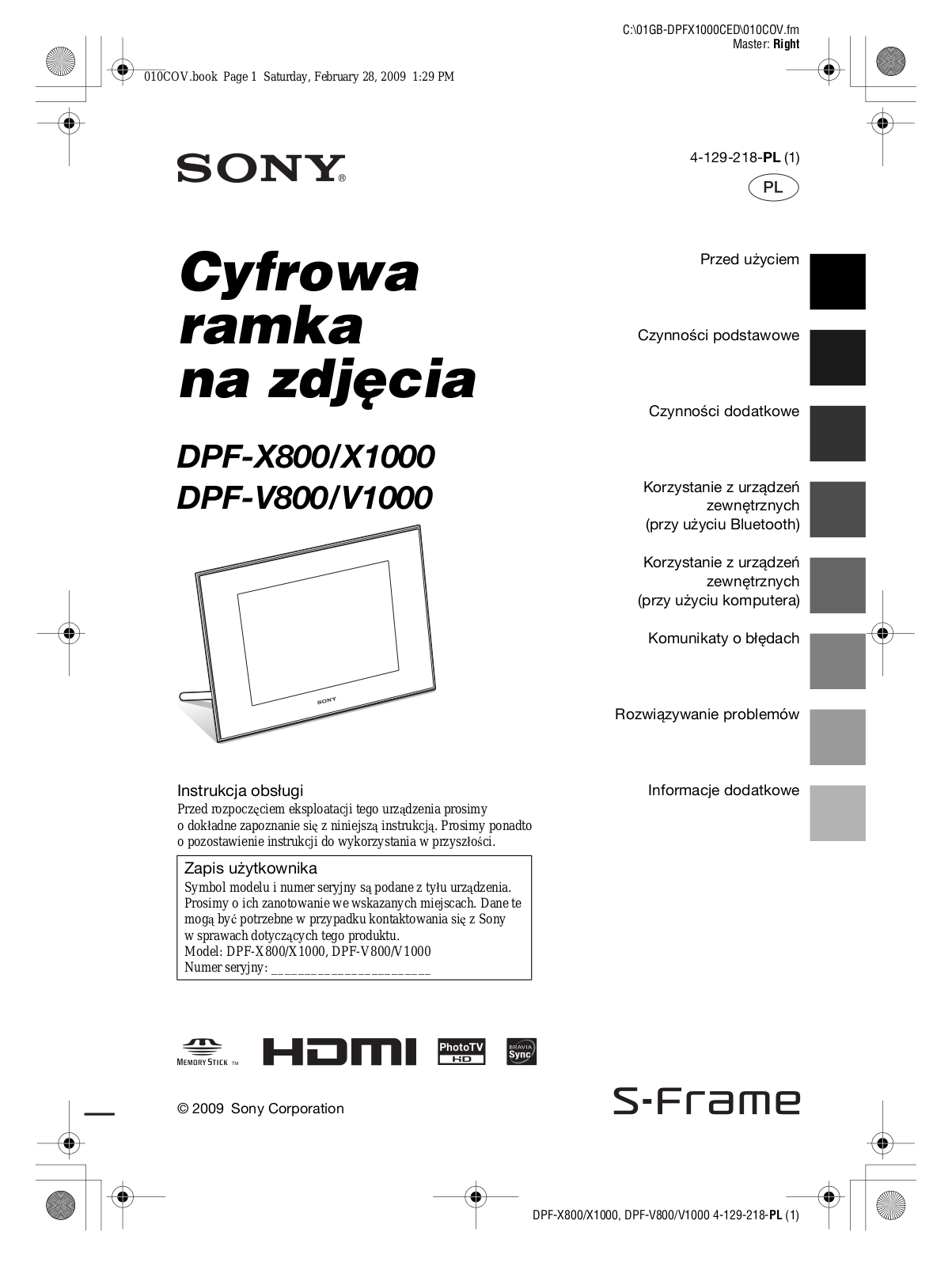 Sony DPF-X1000, DPF-X800, DPF-V1000, DPF-V800 User Manual