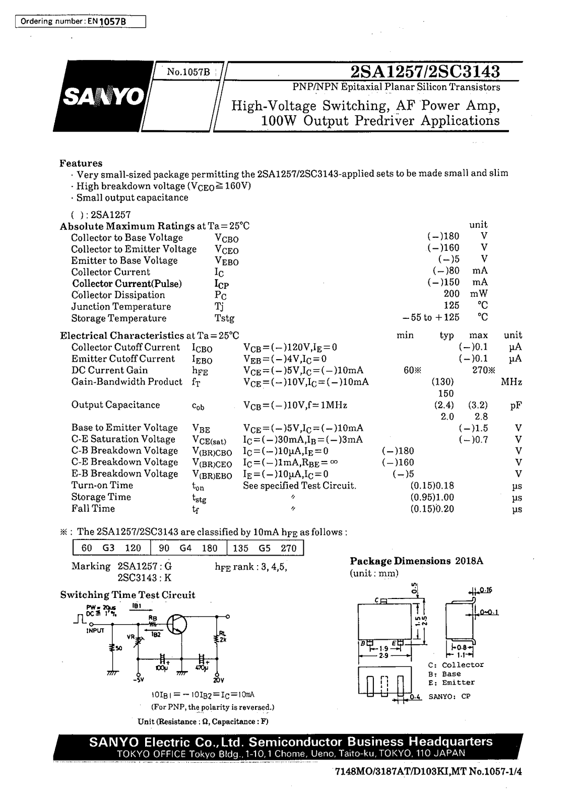 SANYO 2SC3143, 2SA1257 Datasheet