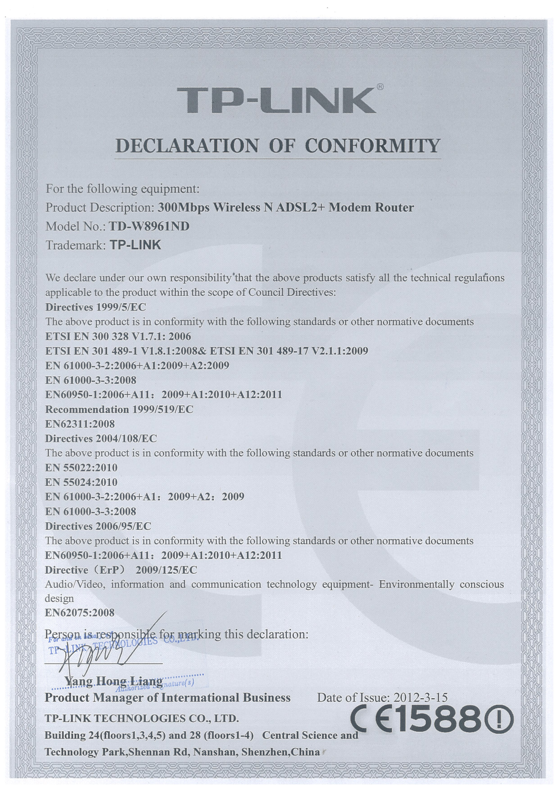 TP-Link TD-W8961ND Declaration of Conformity