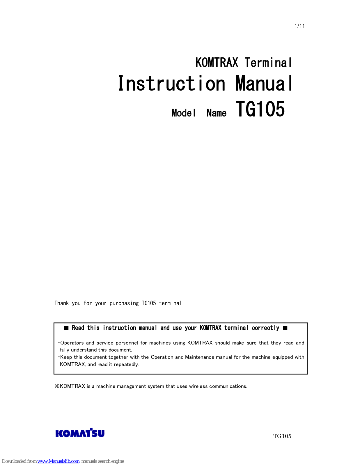 Komatsu TG105 Instruction Manual