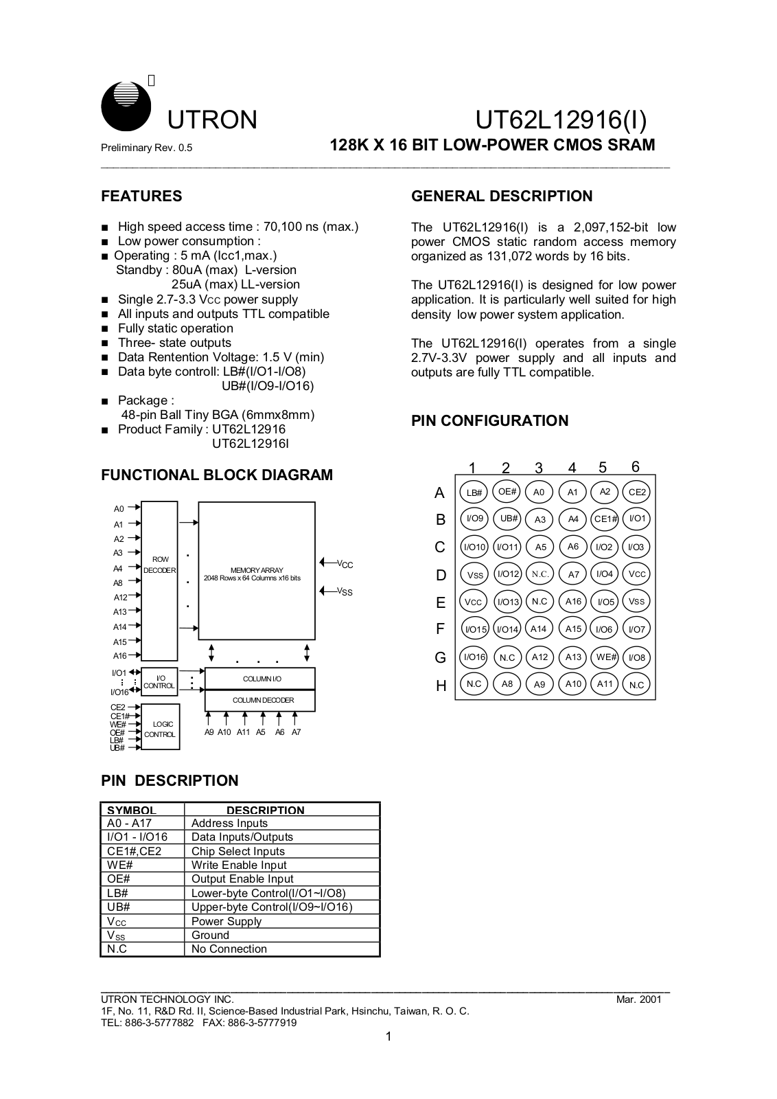 UTRON UT62L12916BS-70LI, UT62L12916BS-70L, UT62L12916BS-100LLI, UT62L12916BS-100LL, UT62L12916BS-100LI Datasheet