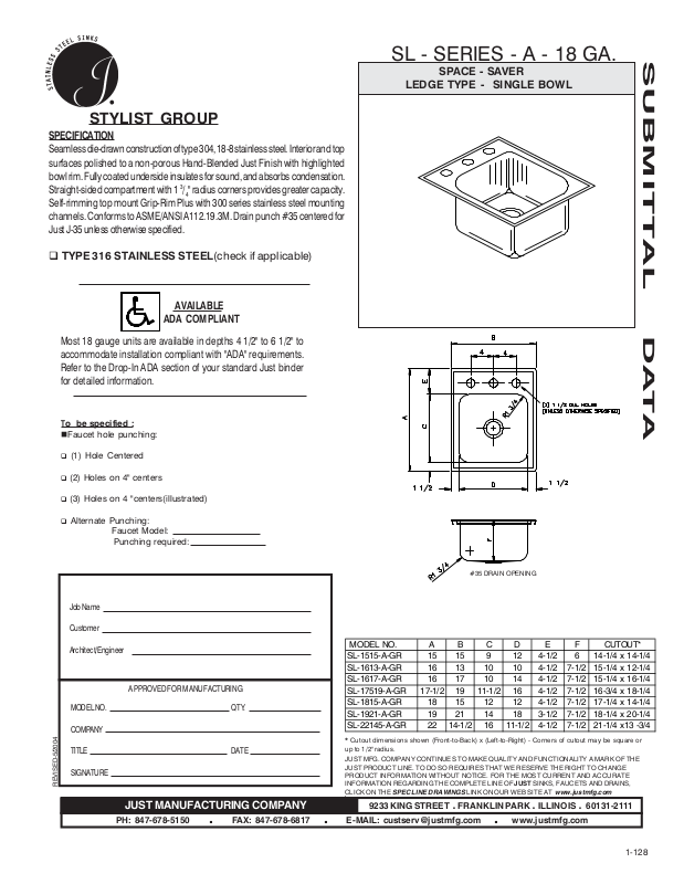 Just Manufacturing SL-1515-A-GR, SL-1613-A-GR, SL-1617-A-GR, SL-17519-A ...