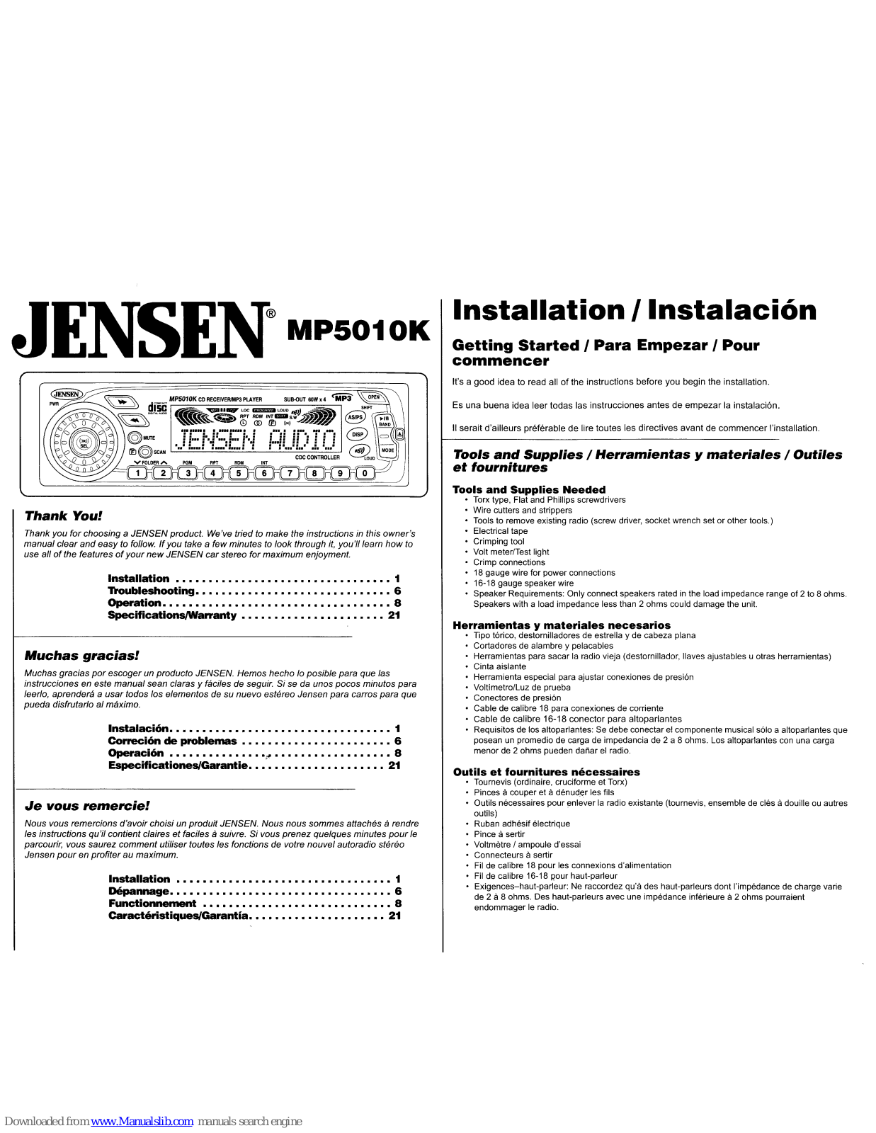 Jensen MP5010K - 240 Watt AM/FM, MP5010K Installation Manual